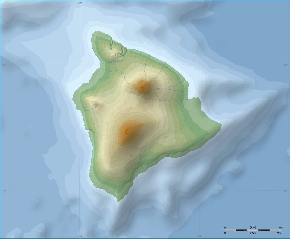 Carte en relief de l'île d'Hawaï ; le repère indique le Kīlauea.